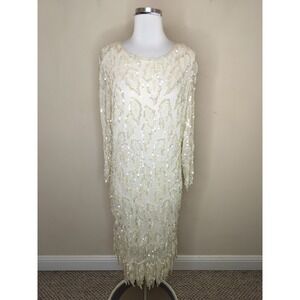 Silk Sequin Dress Ivory Long Sleeve Midi Flapper Fairy